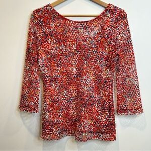 Peck & Peck Mesh Top Lined Red Multicolour 3/4 Sleeve Made in USA